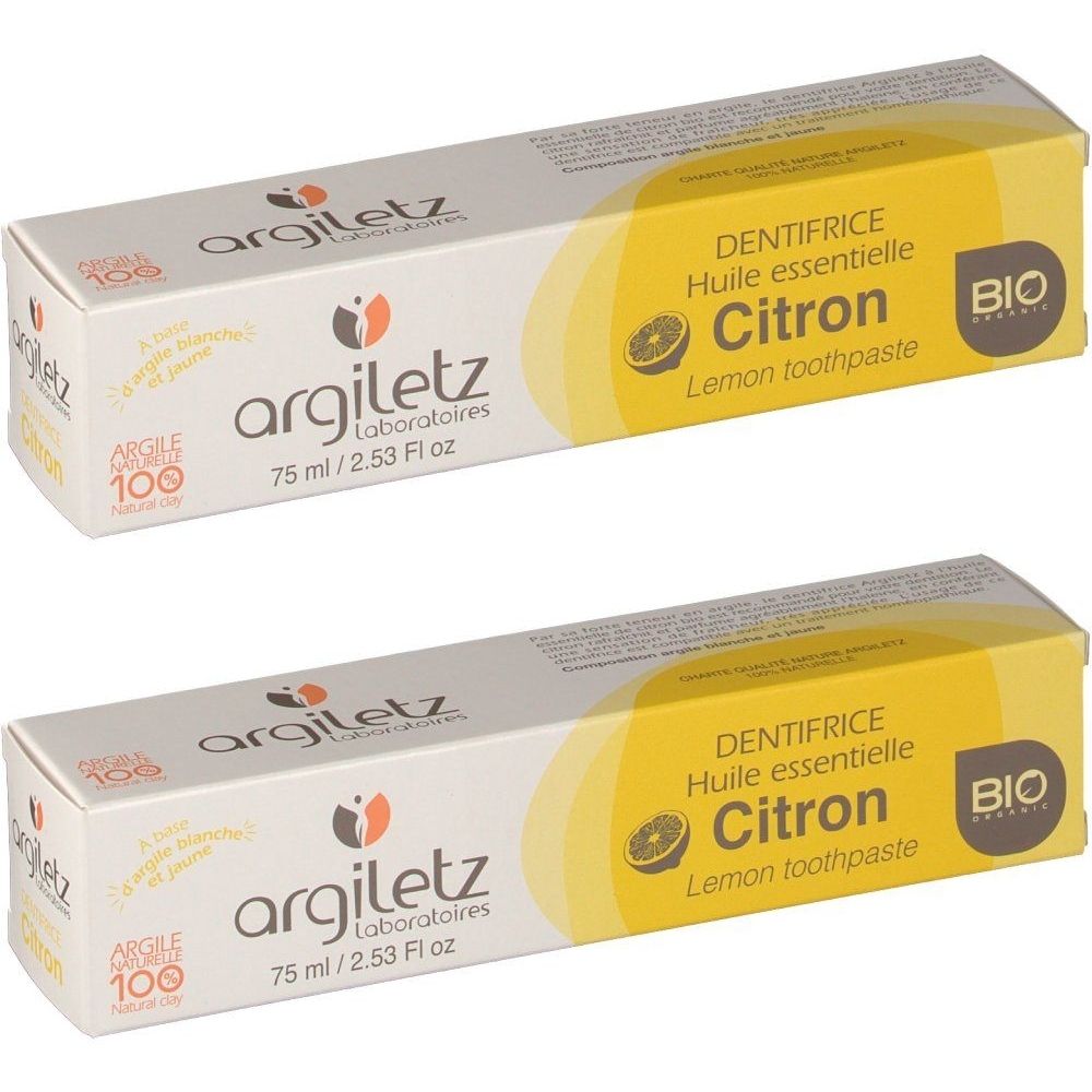 Twee dozen Argiletz tandpasta citroen. Opschrift: Dentifrice, Huile essentielle Citron, BIO.