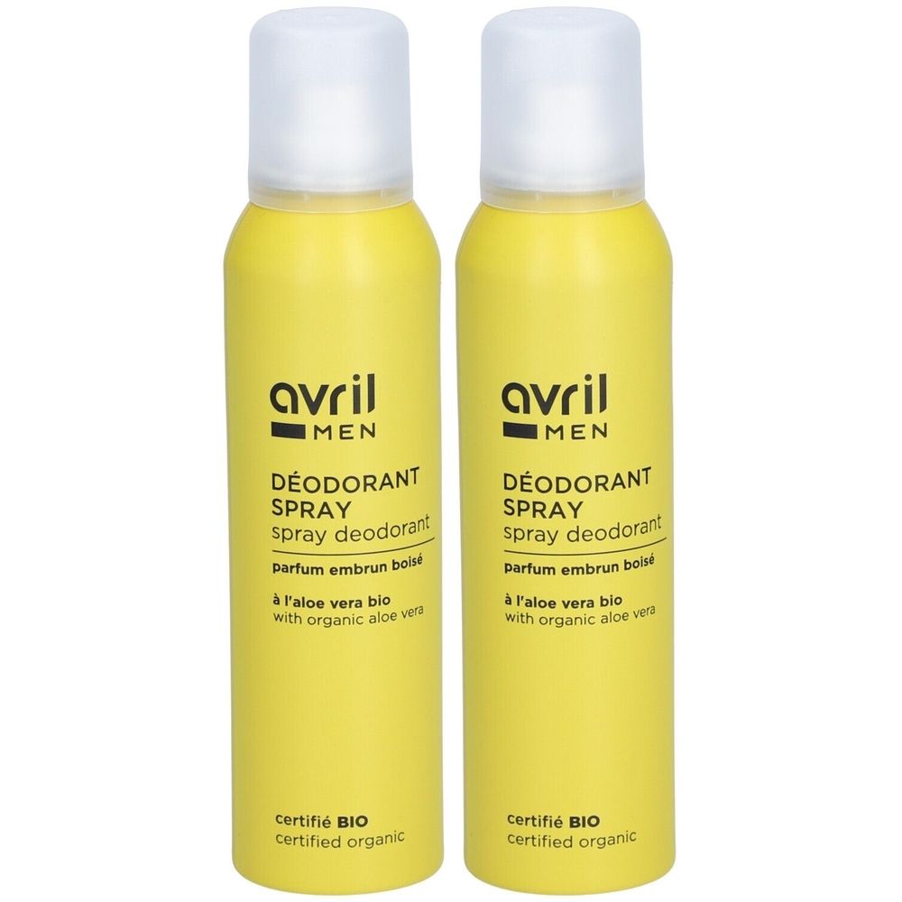 Twee gele deodorant sprays met witte dop. Opschrift: Avril Men, DÉODORANT SPRAY, gecertificeerd BIO.