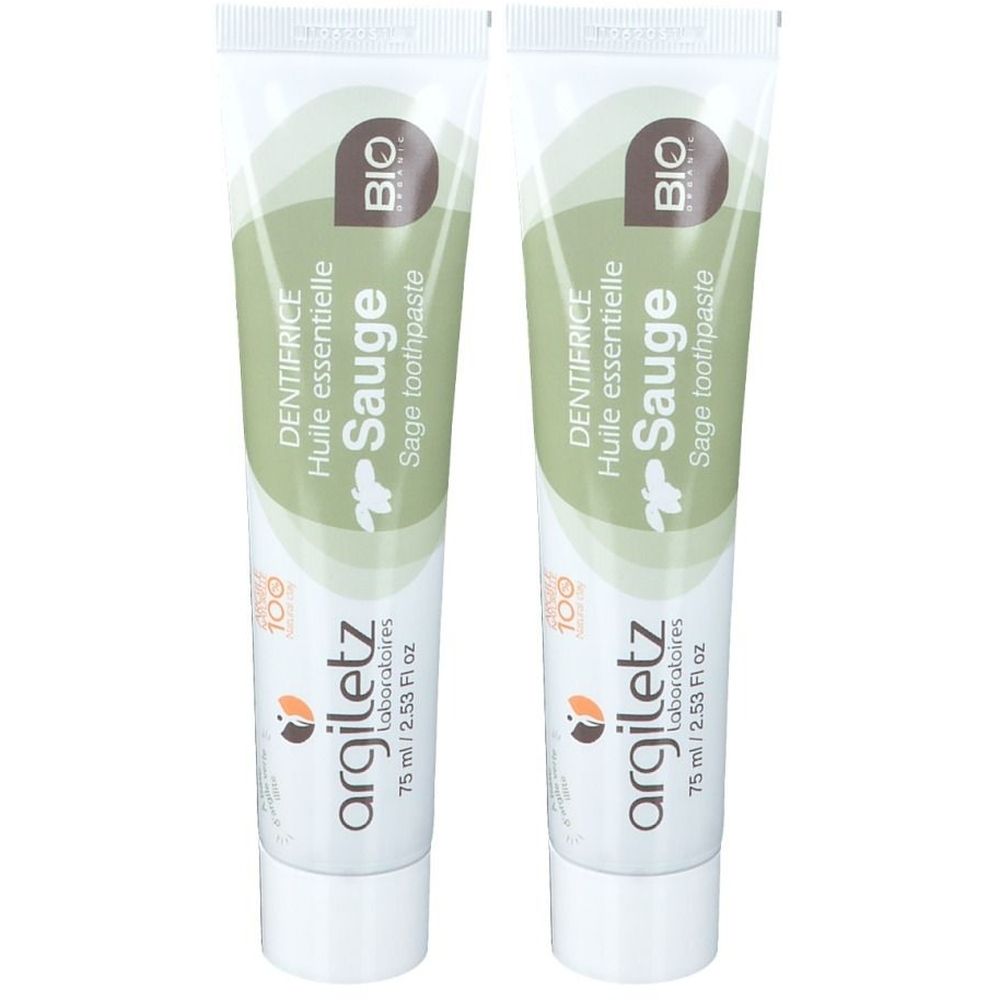 Twee tubes tandpasta. Opschrift: "DENTIFRICE Huile essentielle Sauge Sage toothpaste". Merk: Argiletz. Bio-certificering.