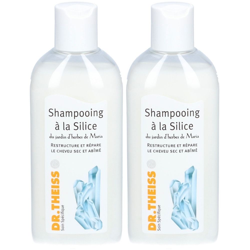 Twee flessen shampoo met witte inhoud en witte doppen. De etiketten tonen "Shampooing à la Silice" en "DR. THEISS".