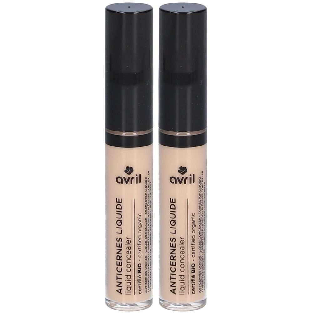 Twee vloeibare concealers. Zwarte dop, beige tube. Opschrift: Avril Anticernes Liquide, gecertificeerd Bio.