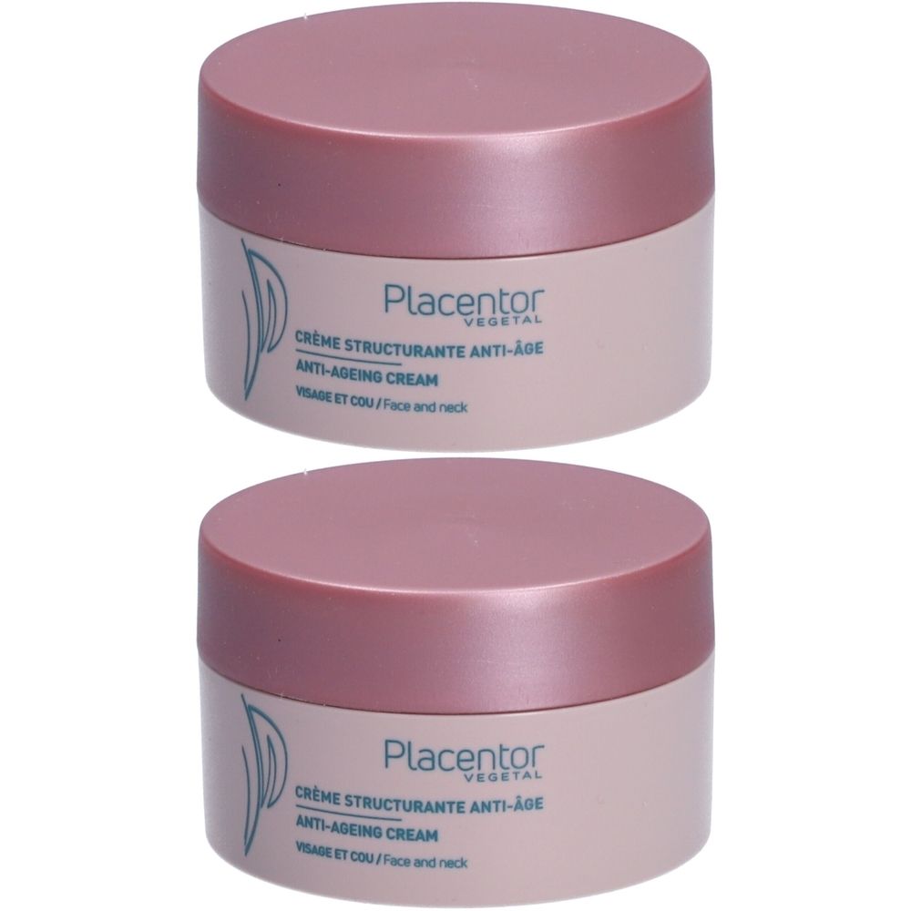 Deux pots de crème, couvercles roses, contenants roses clairs. Inscription: Placentor, Crème Structurante Anti-Âge, Anti-Ageing Cream.