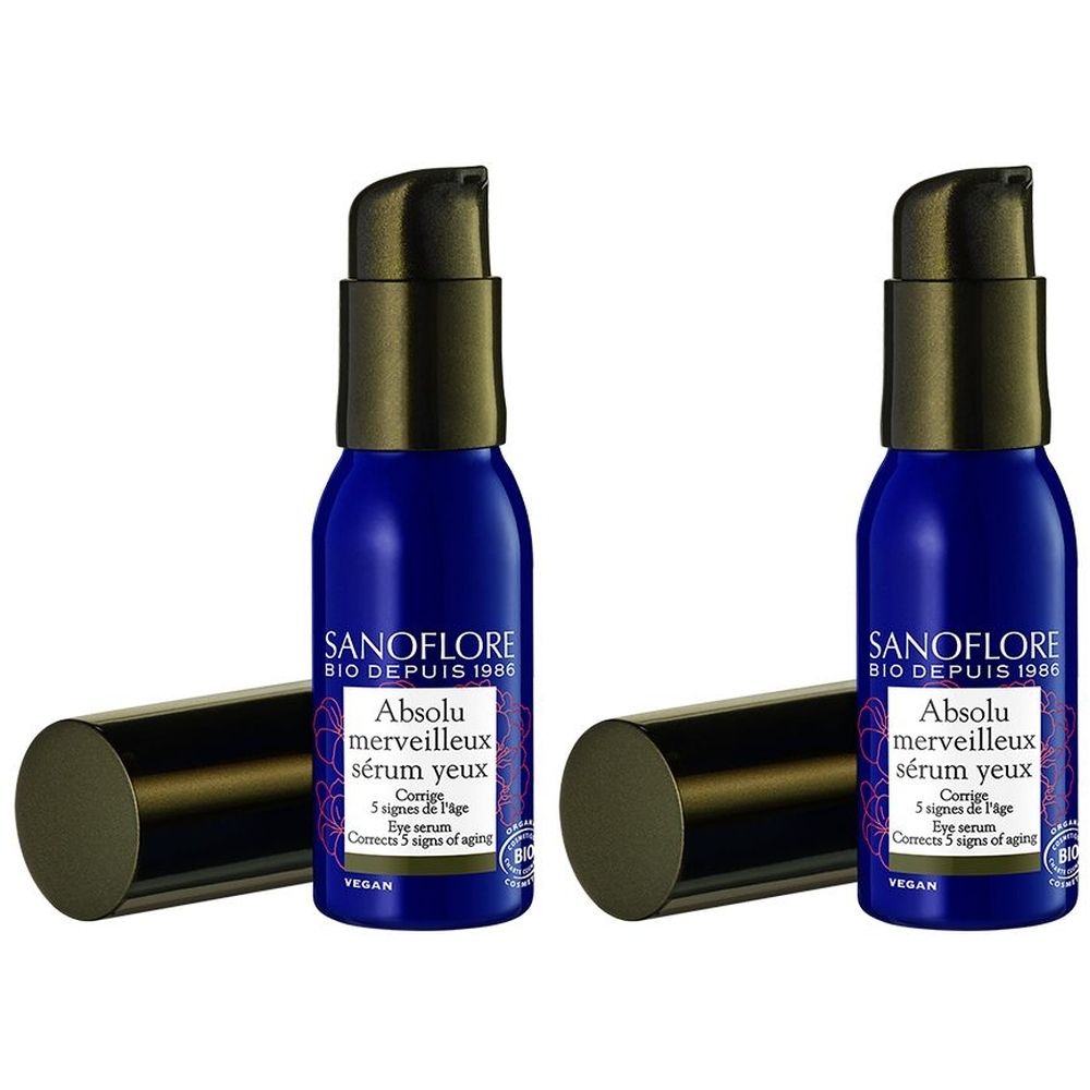 Deux flacons bleus avec pompes noires. Inscription: SANOFLORE Absolu merveilleux sérum yeux. Certification bio.