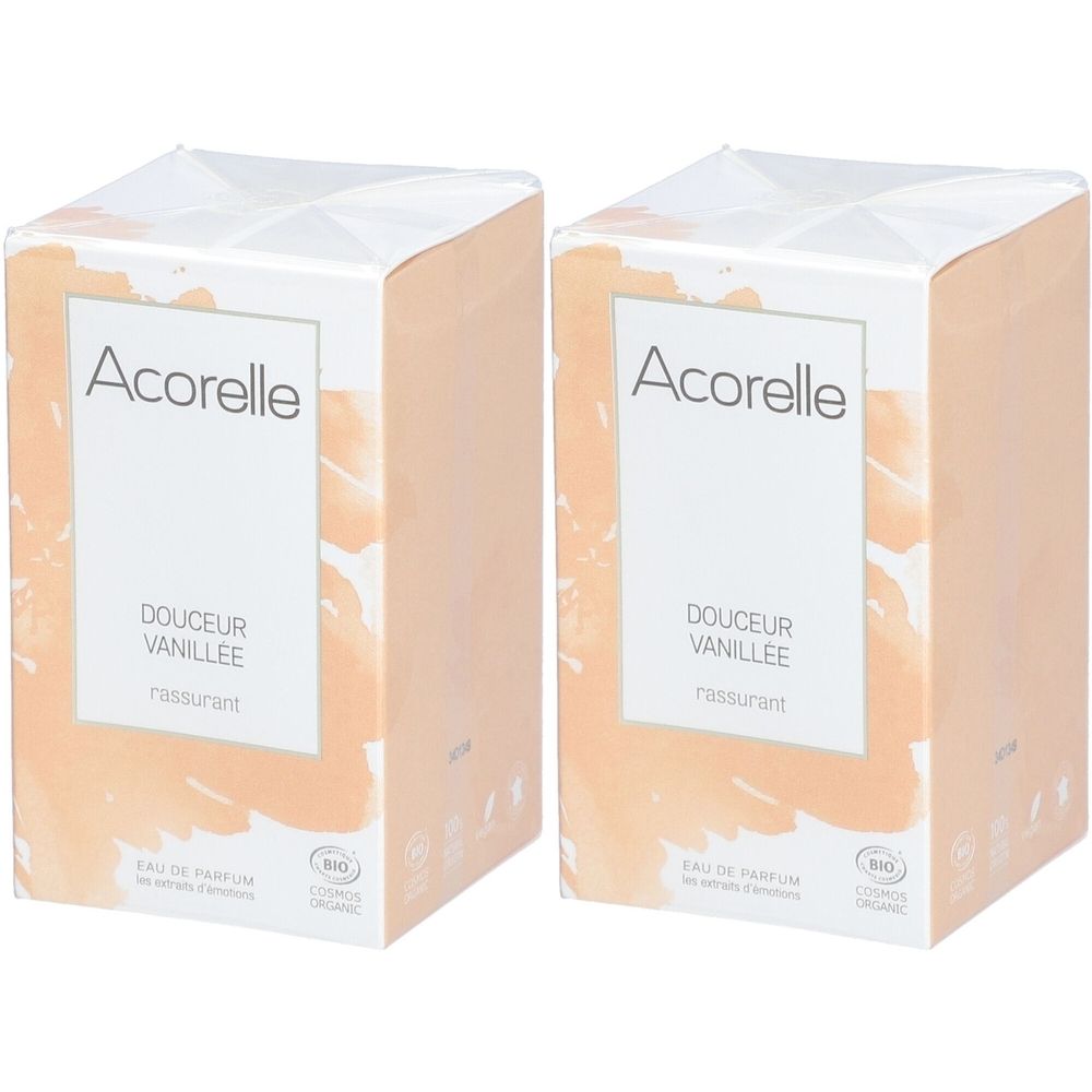 Twee vierkante dozen. Voorkant met "Acorelle", gevolgd door "Douceur Vanillée". Bio-certificering. Beige bloemenverpakking.