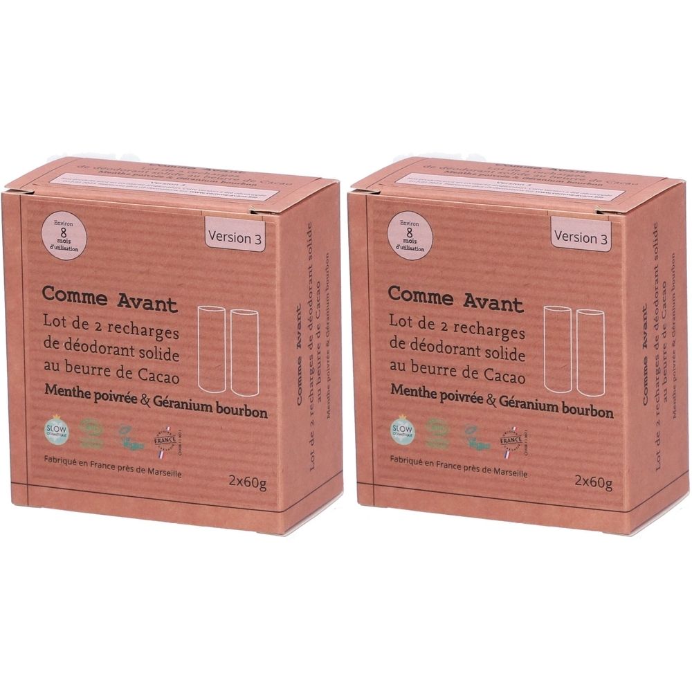 Twee dozen Comme Avant, Lot de 2 recharges de déodorant solide, Menthe poivrée & Géranium bourbon. Version 3. 2x60g.