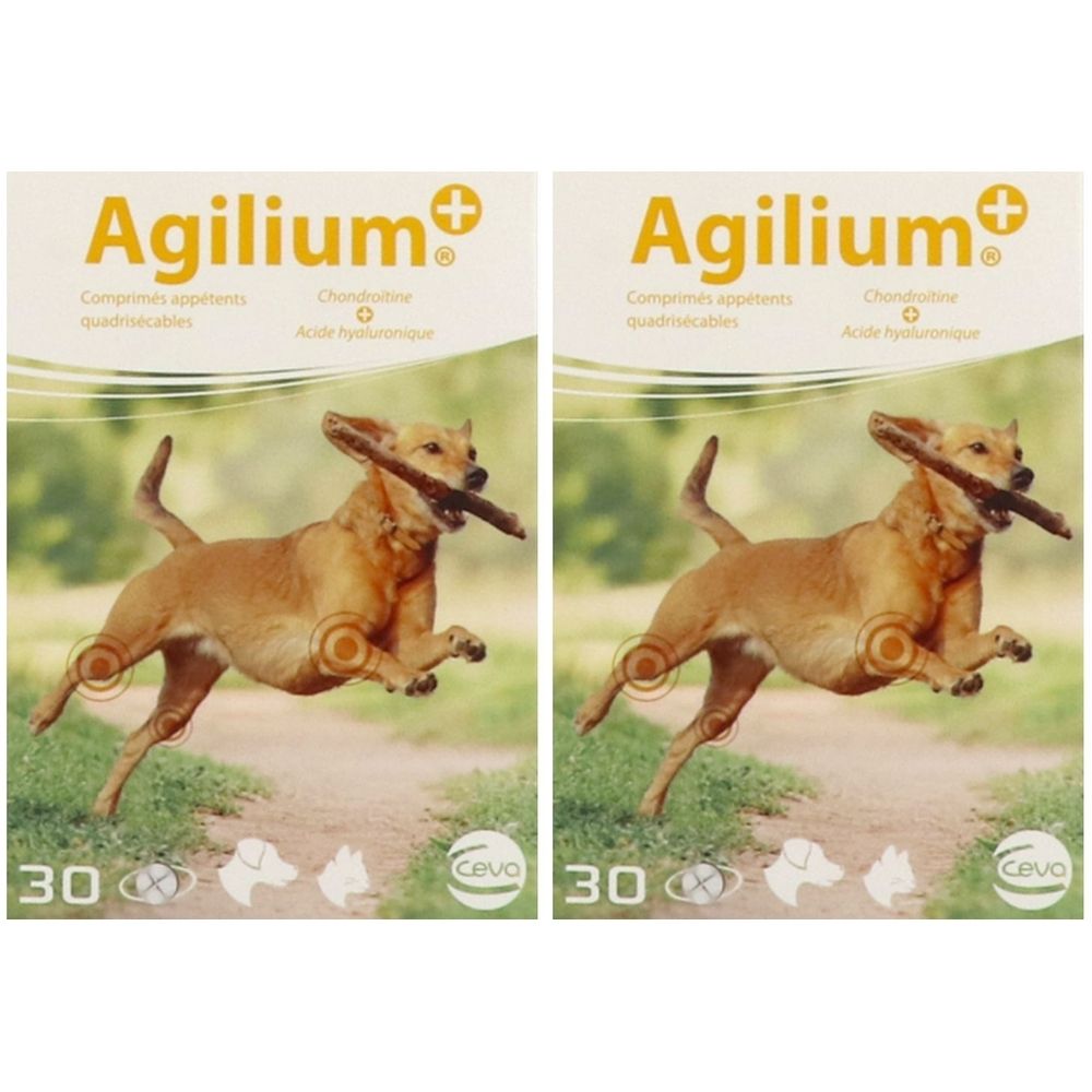 Twee verpakkingen Agilium+®. Opschrift: Chondroïtine, Hyaluronzuur. Afbeelding: hond met stok.