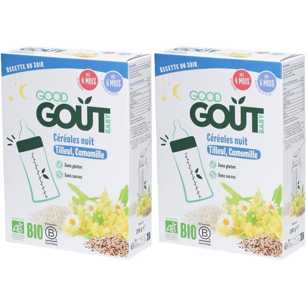 Twee dozen babygranen. Opschrift: Good Goût, Céréales nuit, Tilleul, Camomille. Met bio-label.
