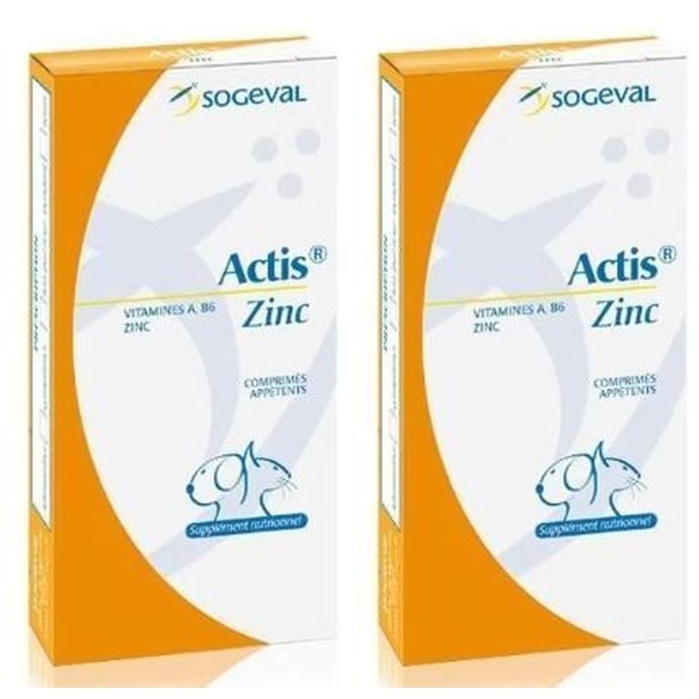 Deux boîtes Actis Zinc avec vitamines A, B6 et zinc. Pour chiens et chats.