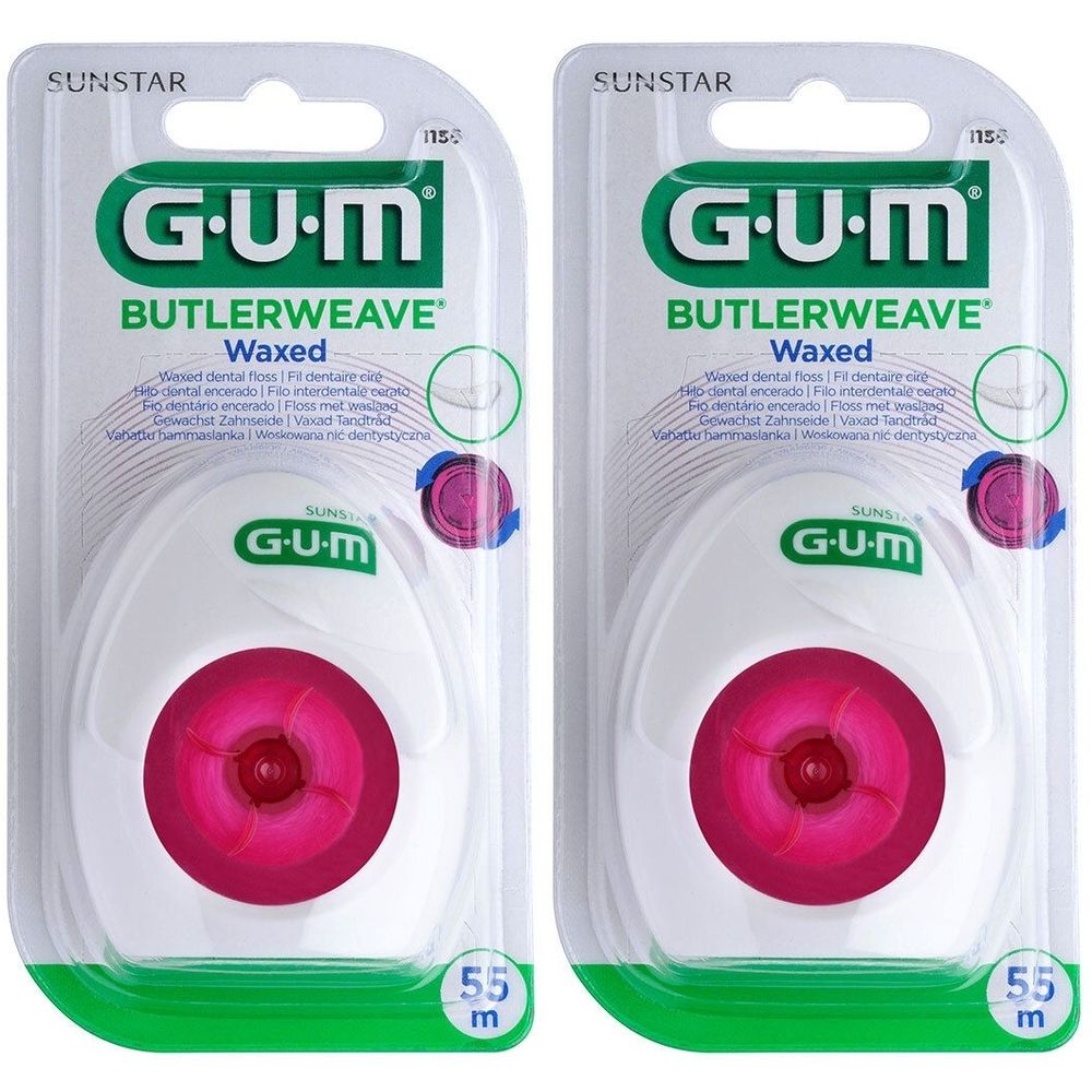 Twee verpakkingen GUM BUTLERWEAVE waxed floss. Witte containers met roze spoel. 55 m.