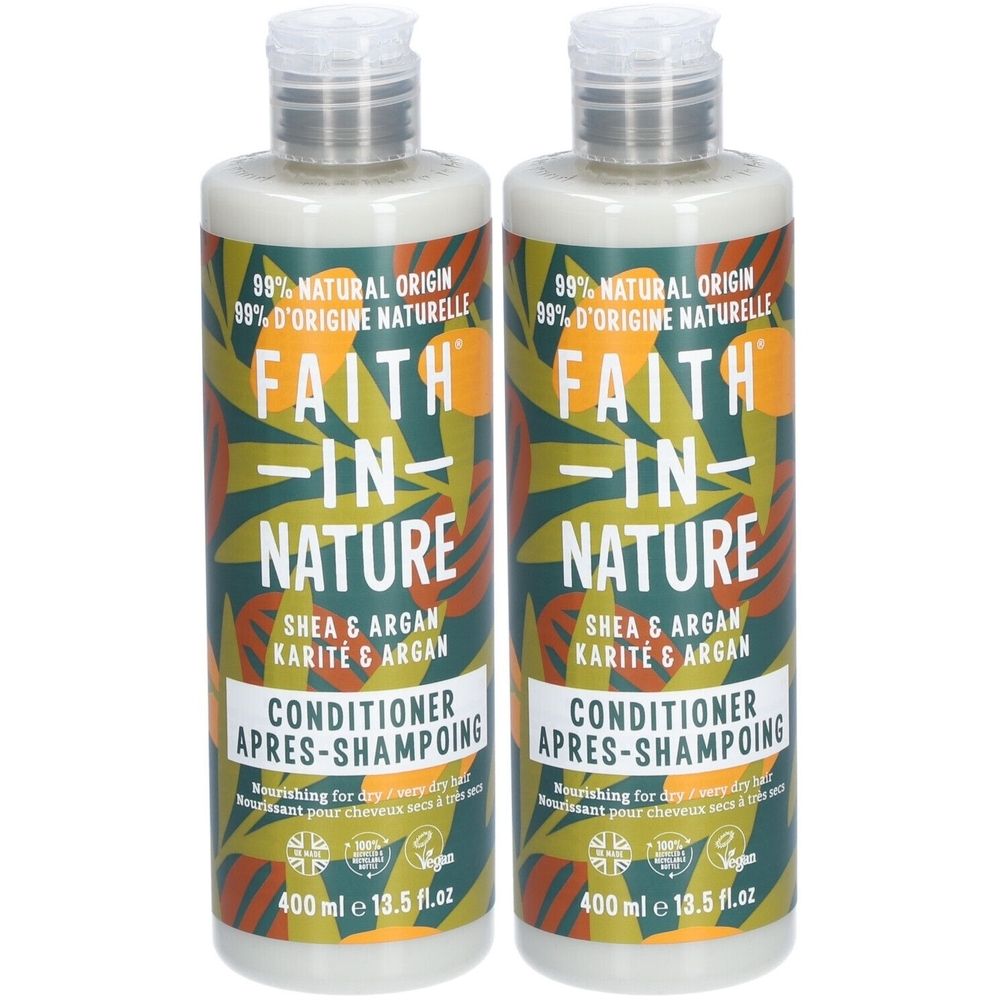 Twee flessen conditioner. Opschrift: Faith in Nature, Shea & Argan, Conditioner Après-Shampoing. 400 ml.