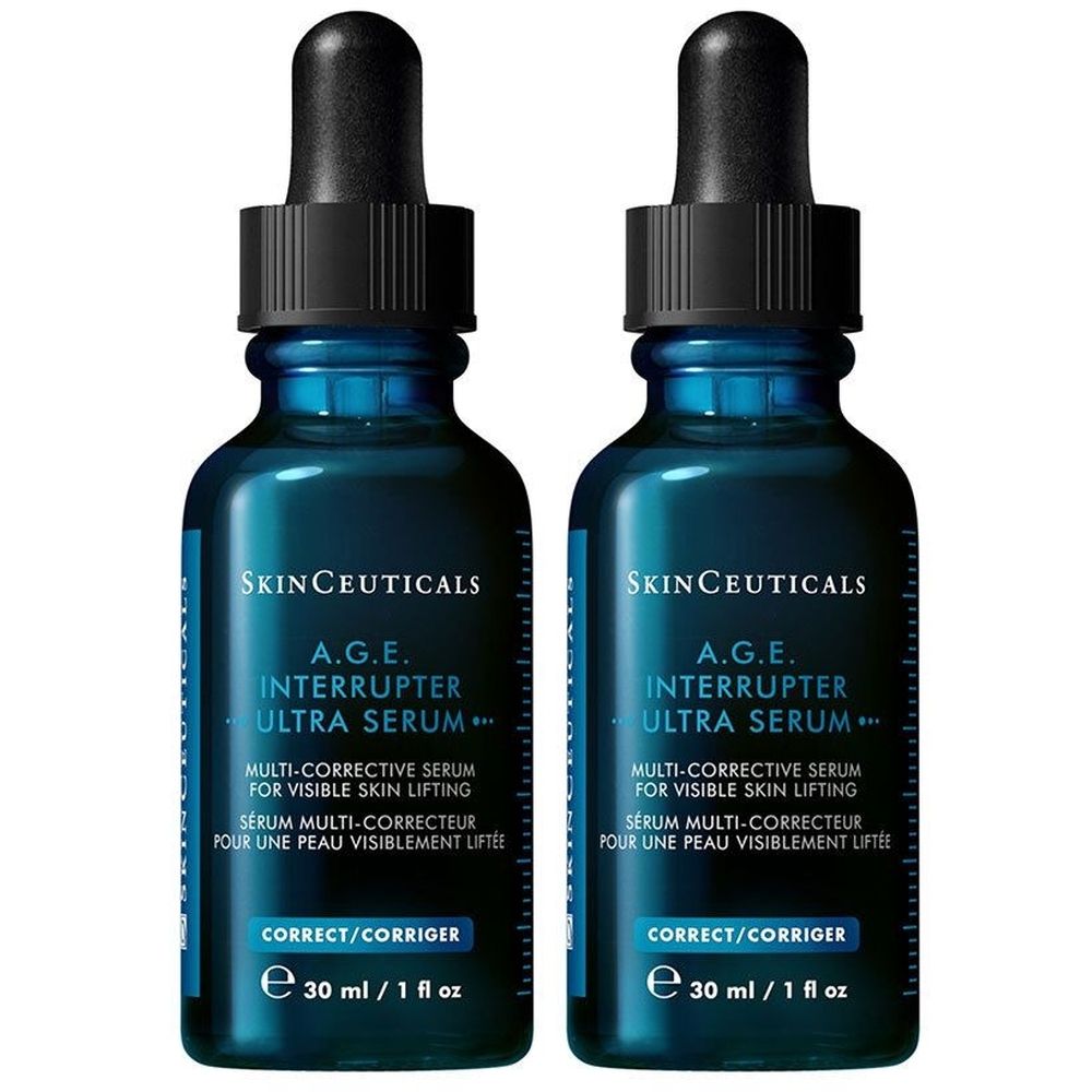 Deux flacons de sérum avec pipettes noires. Inscription : SkinCeuticals A.G.E. Interrupter Ultra Serum. 30 ml.