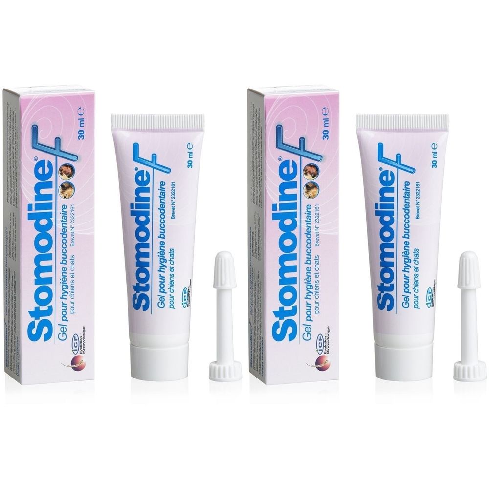 Deux tubes et deux boîtes avec l'inscription "Stomodine F". Deux applicateurs sont inclus.