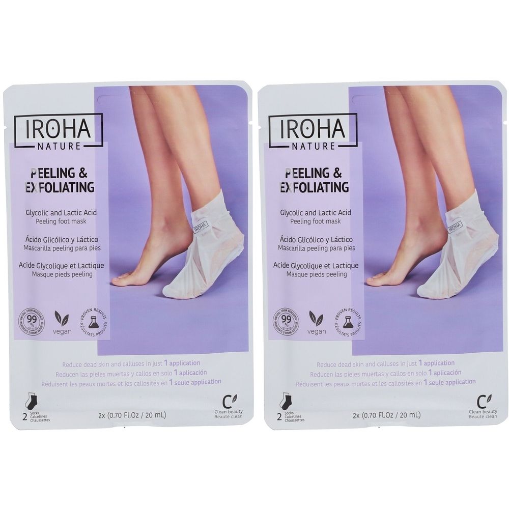Twee verpakkingen voetpeelingmaskers. Opschrift: IROHA NATURE, FEELING & EXFOLIATING. Bevat glycolzuur en melkzuur. Vegan. 2 x 20 ml.