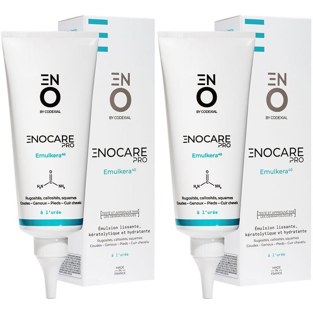 Twee witte tubes en verpakkingen. Opschrift: ENO Enocare Pro Emulkera 40. Émulsion kératolytique et hydratante.