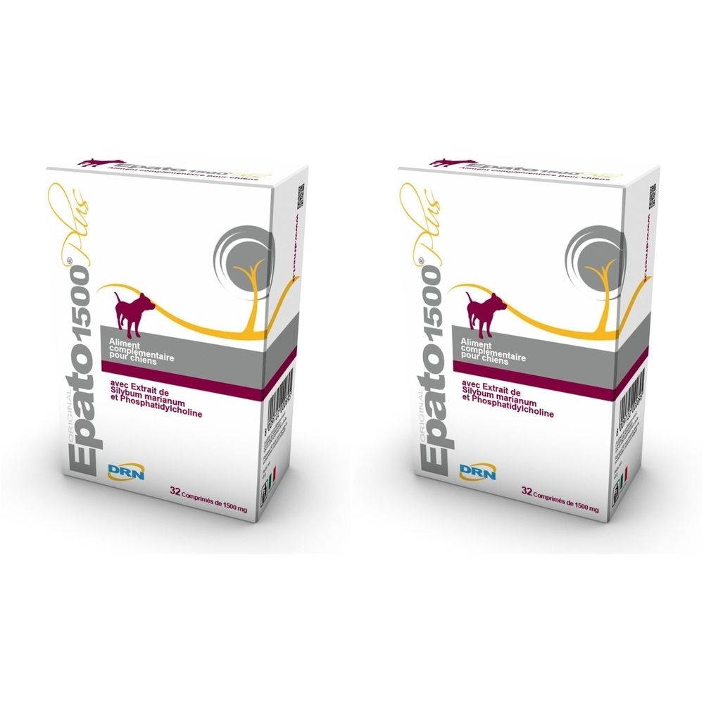 Deux boîtes de DRN Epato 1500 Plus. Emballage blanc avec nom du produit, silhouette de chien et informations. 32 comprimés.