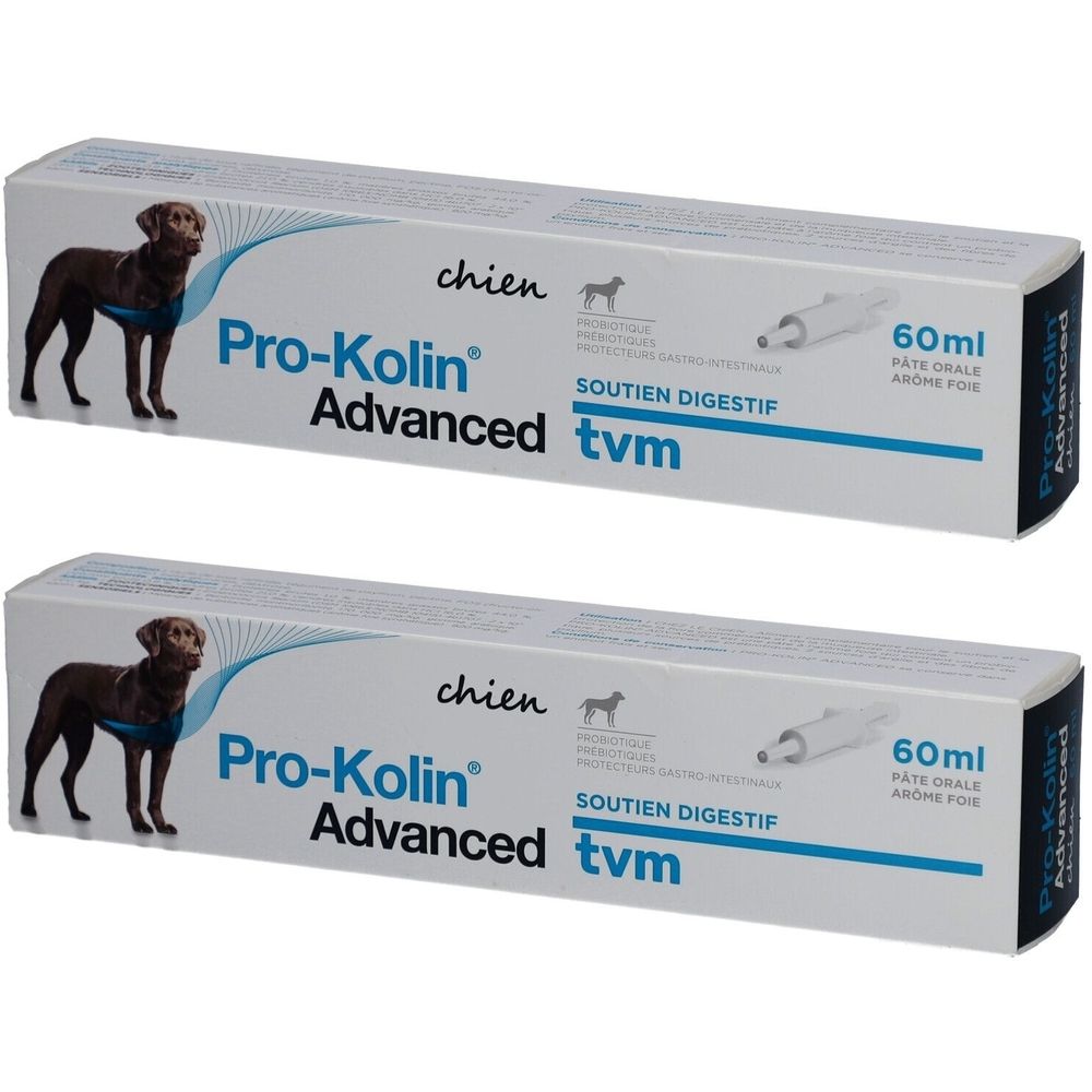 Twee dozen Pro-Kolin Advanced voor honden. Elke doos toont een hond, de productnaam en tekst.