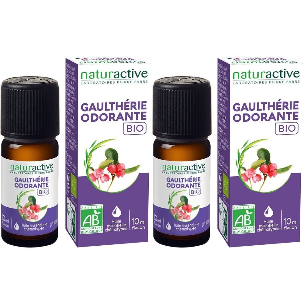 Trois flacons et boîtes. Inscription : Gaulthérie odorante BIO. Certification AB. 10 ml.