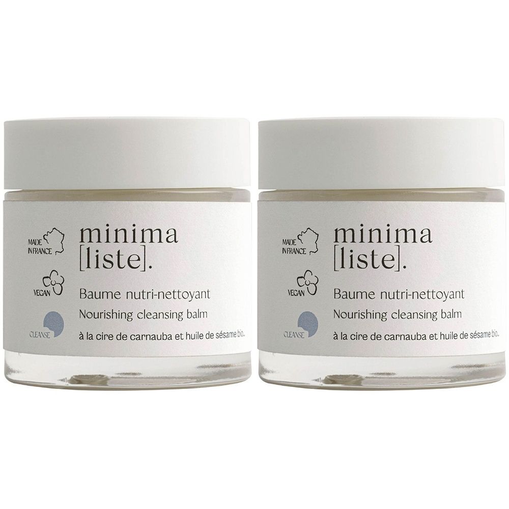 Twee ronde potten met witte deksels. Op het etiket staat "minima [liste]", gevolgd door "Baume nutri-nettoyant". Veganistisch logo.