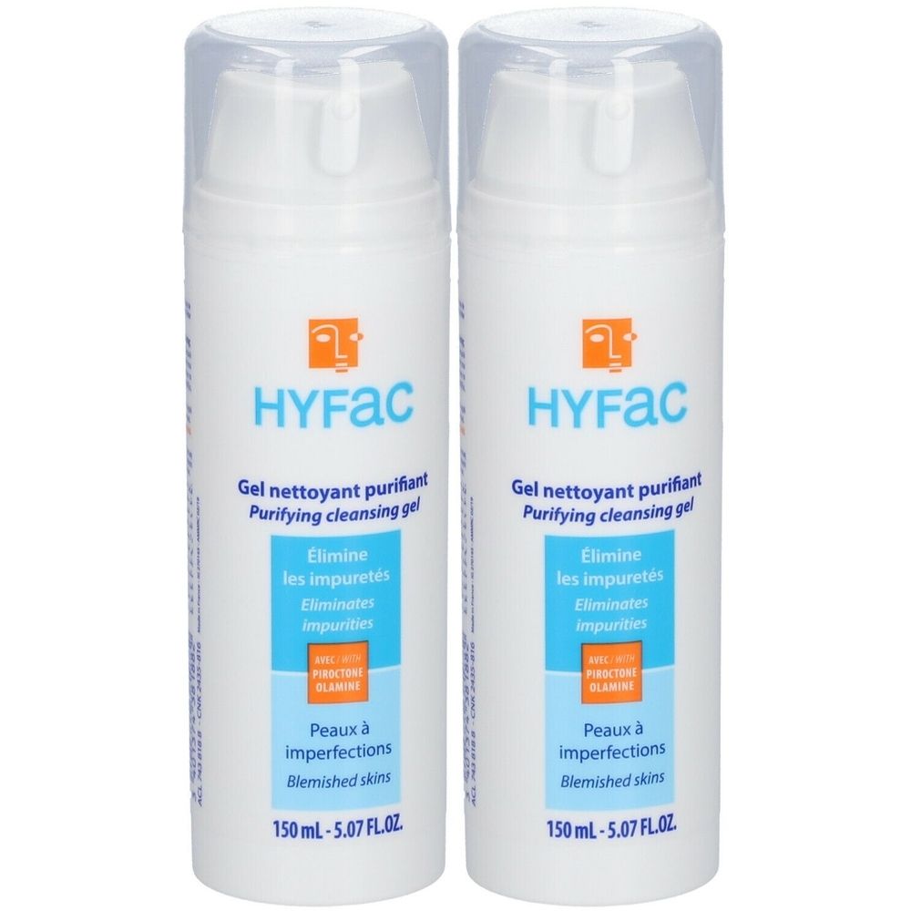 Twee witte flessen HYFAC Gel nettoyant purifiant. Opschrift: Elimine les impuretés, Peaux à imperfections, 150 ml.