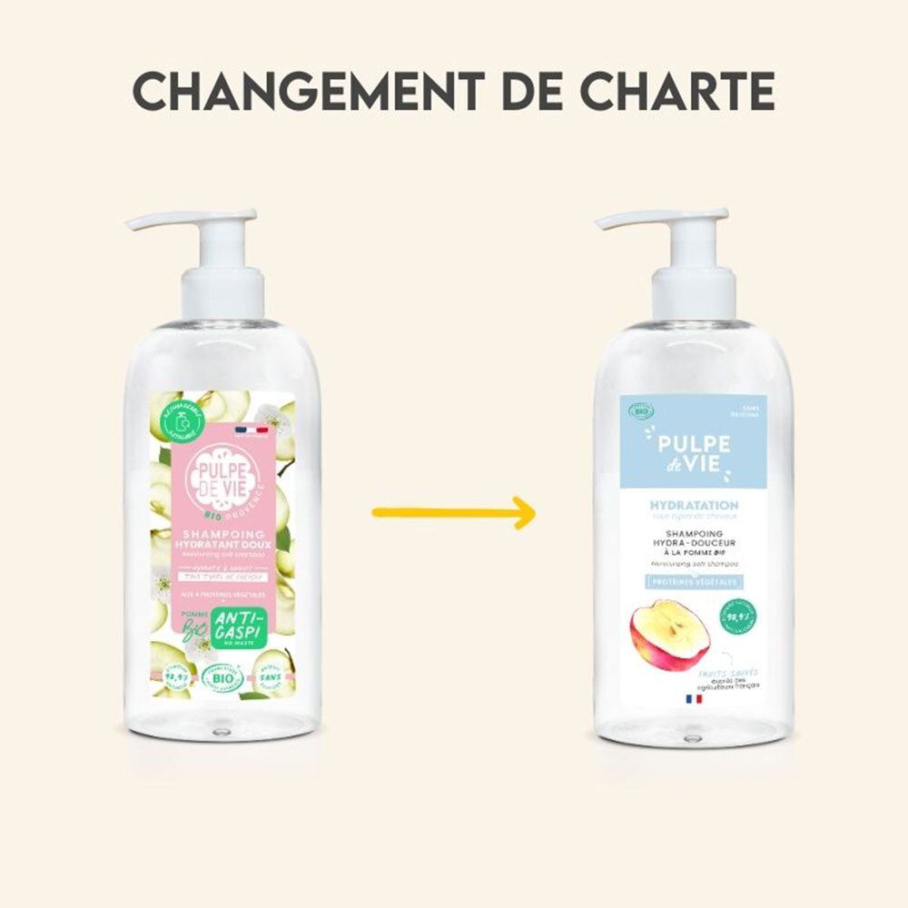 Comparaison de deux flacons. À gauche : étiquette rose. À droite : étiquette bleue. Les deux avec texte et pomme.