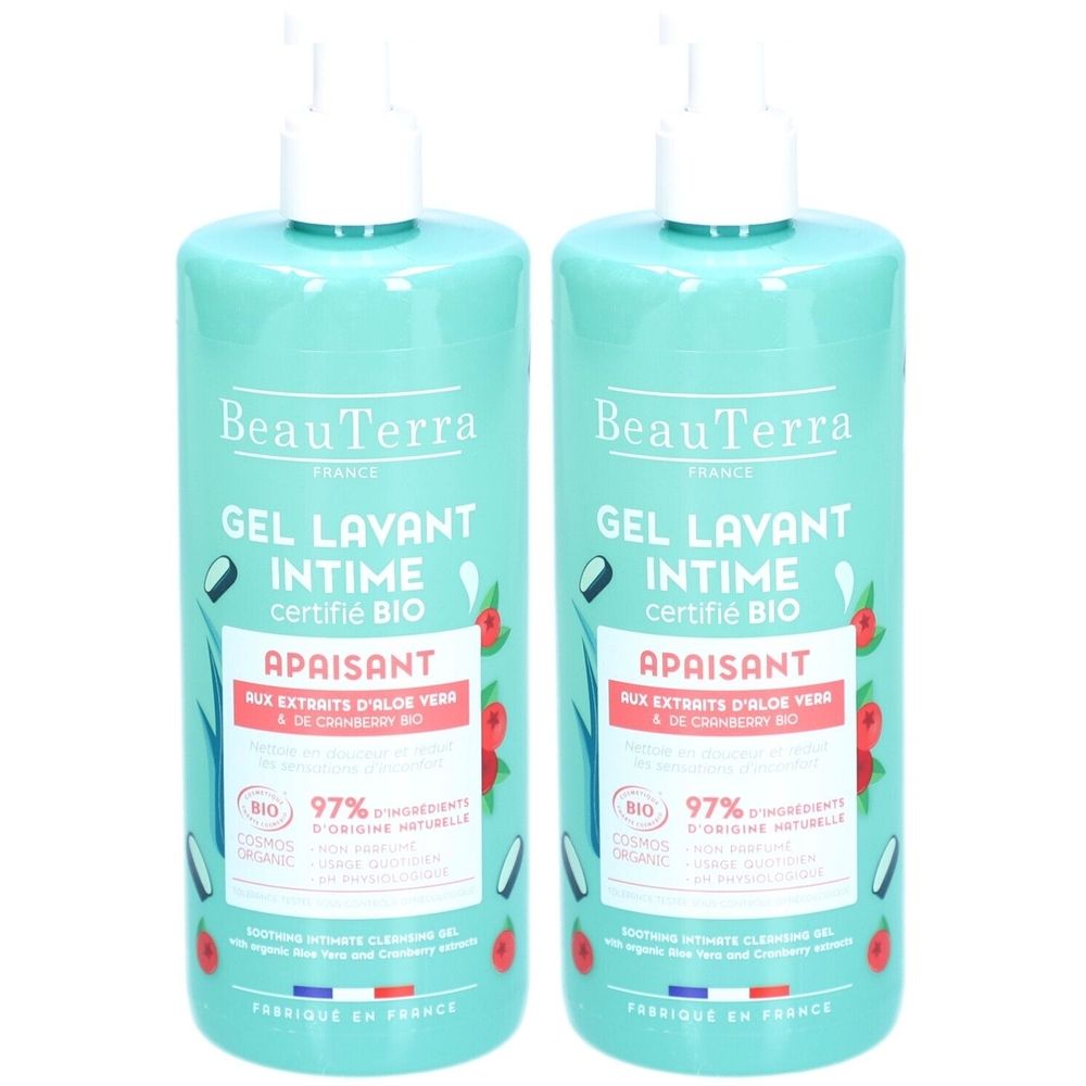 Deux flacons turquoise avec pompe blanche. Inscription: BeauTerra, Gel Lavant Intime, Apaisant, certification Bio.