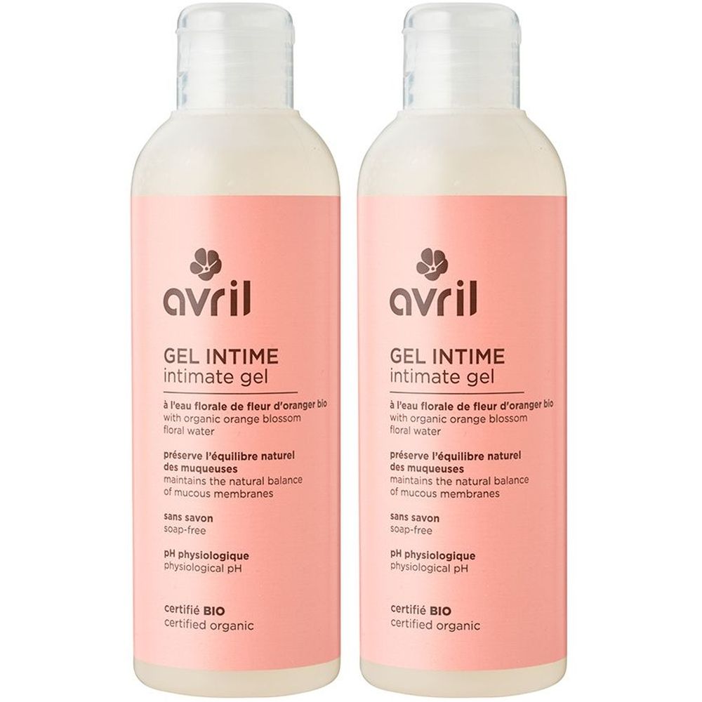Twee flessen Avril Intieme Gel. Roze etiket met tekst. Gecertificeerd biologisch. Witte dop.