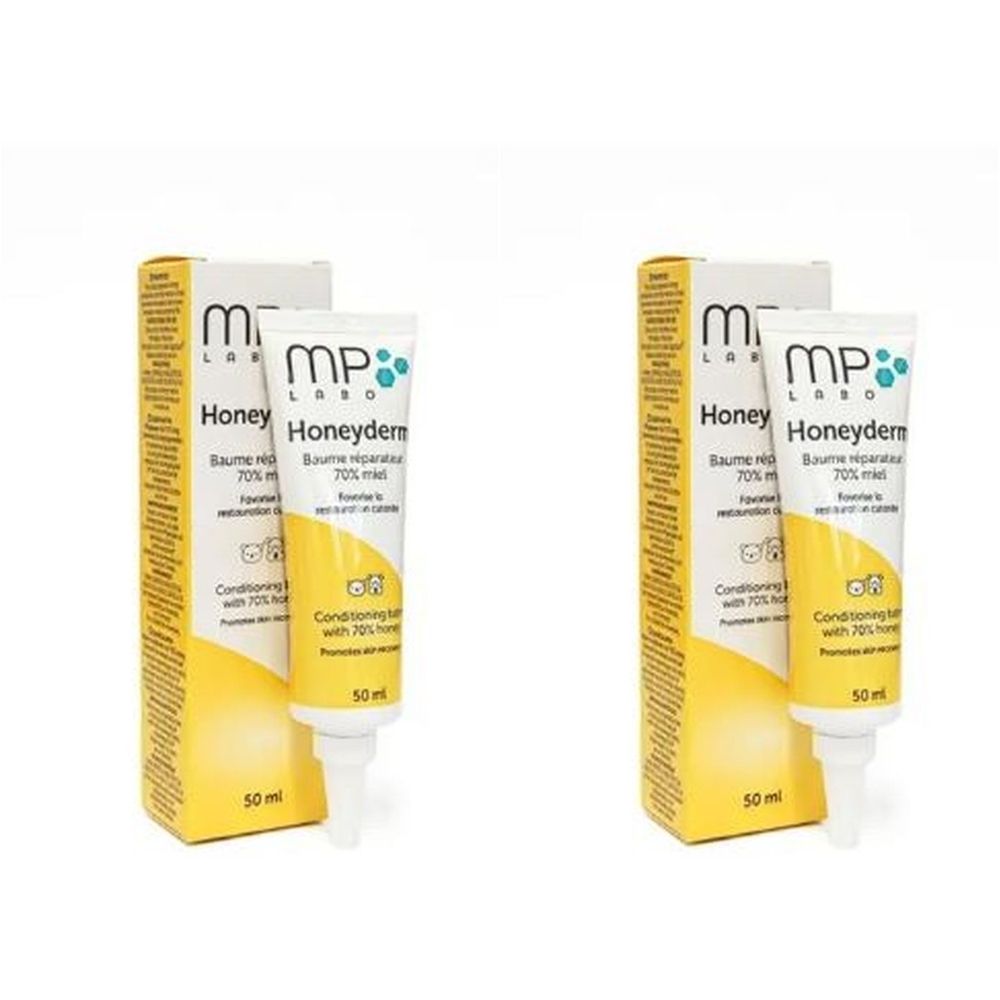 Deux tubes et boîtes. Les tubes indiquent "Honeyderm". Les boîtes indiquent "Honey".