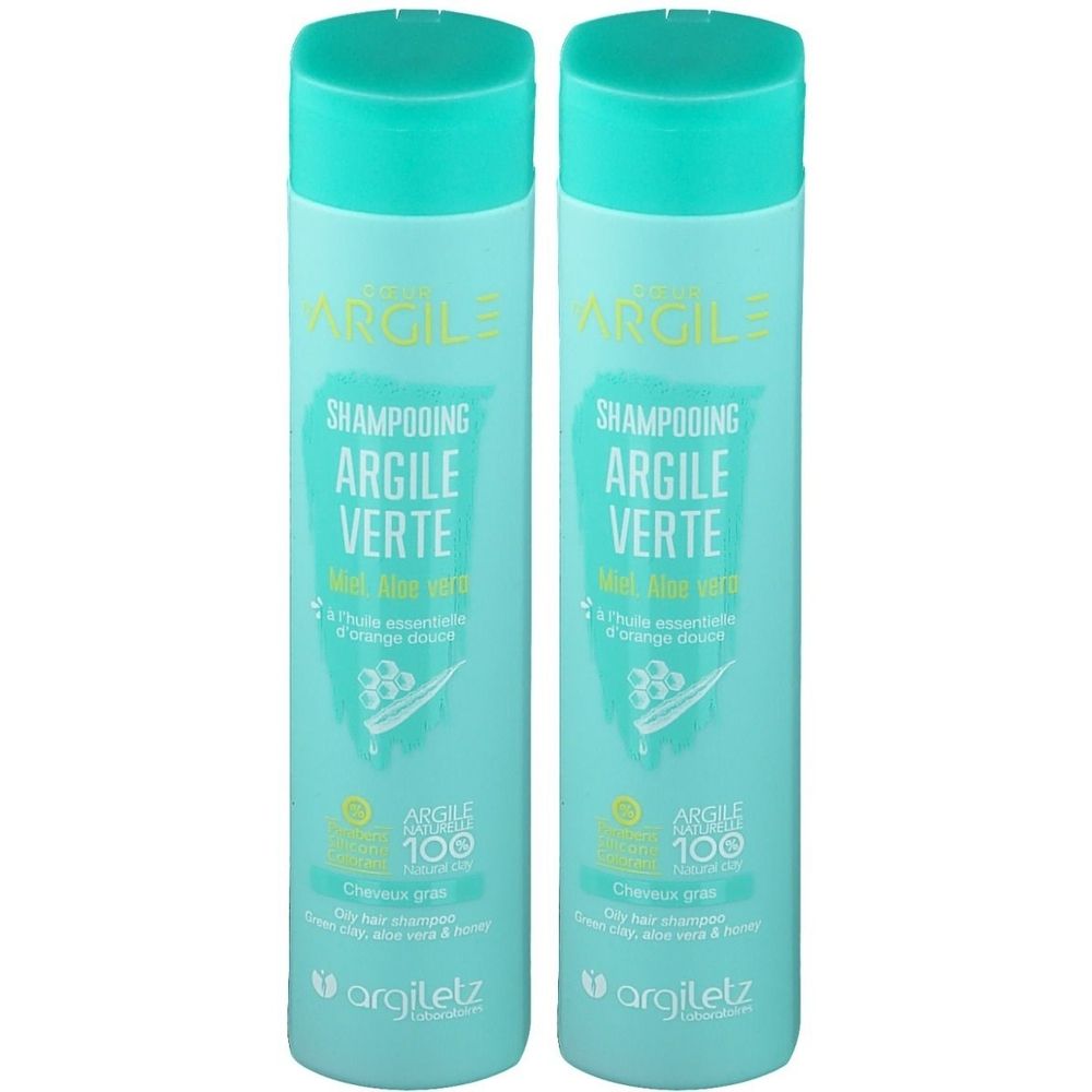 Twee groene shampoo flessen. Opschrift: Argile Verte, Shampoing, Argiletz. Met aloë vera en essentiële olie van zoete sinaasappel.