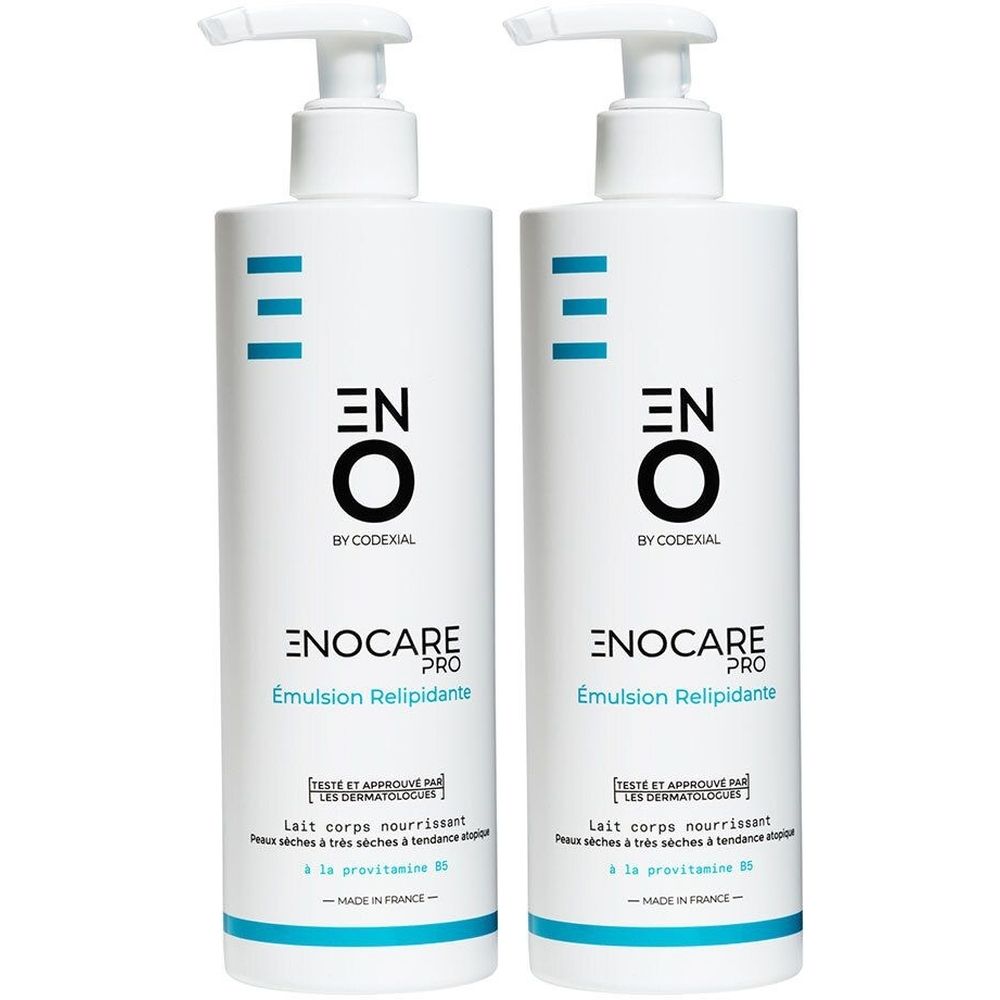 Twee witte flessen met pomp. Opschrift: ENOCARE PRO Emulsion Relipidante. Turkoois accenten.