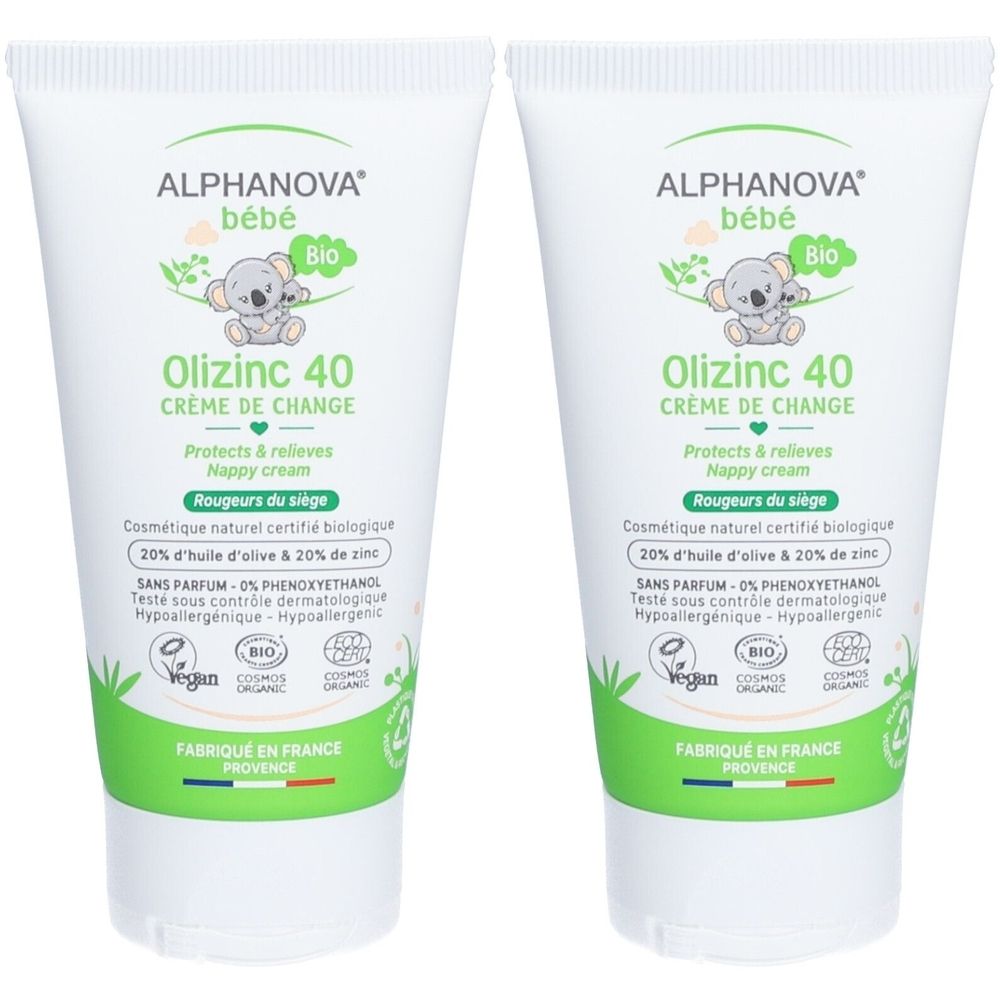 Twee tubes crème. Opschrift: ALPHANOVA bébé, Olizinc 40, Crème de Change. Bio-gecertificeerd, vegan.