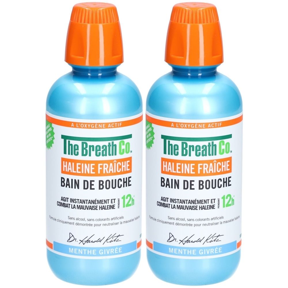 Deux flacons de bain de bouche bleus avec bouchons orange. Inscription : The Breath Co. HALEINE FRAÎCHE, MENTHE GIVRÉE. Contient 12h d'action.