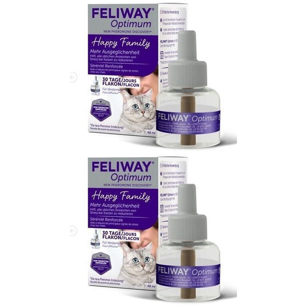 Twee flacons met opzetstuk en doos. Op de doos staat FELIWAY Optimum, Happy Family. 30 dagen.