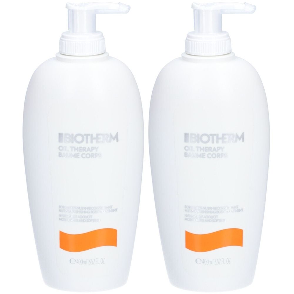 Deux flacons blancs avec pompe. Inscription: BIOTHERM OIL THERAPY BAUME CORPS. Bande orange en bas.