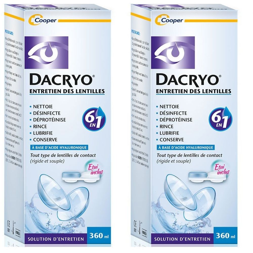 Deux boîtes de solution d'entretien DACRYO pour lentilles. Inscription : 6 en 1, nettoie, désinfecte, déprotéinise, rince, lubrifie, conserve. Étui inclus.