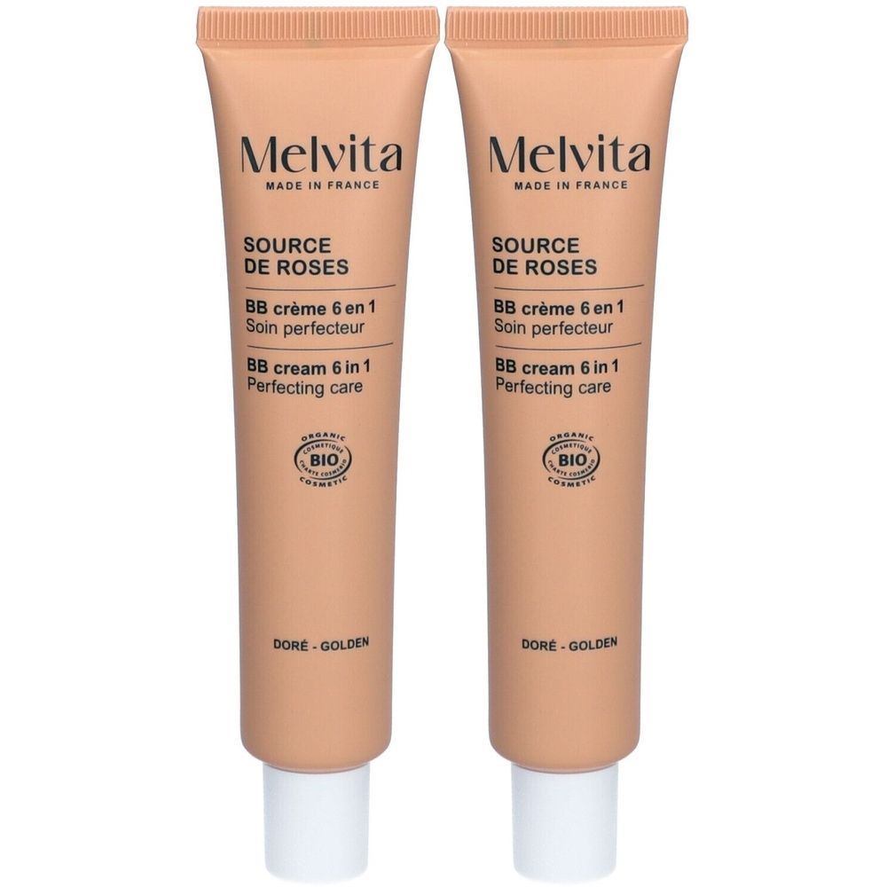 Twee tubes BB crème. Opschrift: Melvita, Source de Roses, BB crème 6 en 1, Perfecting care. Kleur: doré-golden. Bio-label.