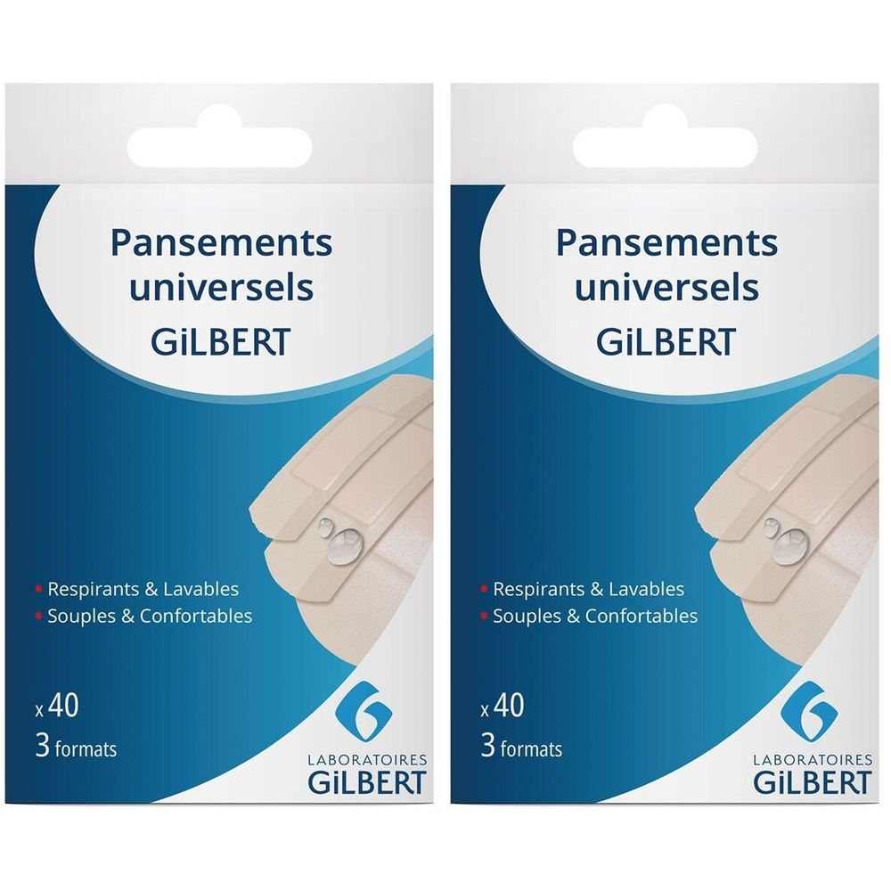 Twee verpakkingen pleisters. Opschrift: Pansements universels GILBERT. 40 stuks, 3 formaten. Ademend en wasbaar.