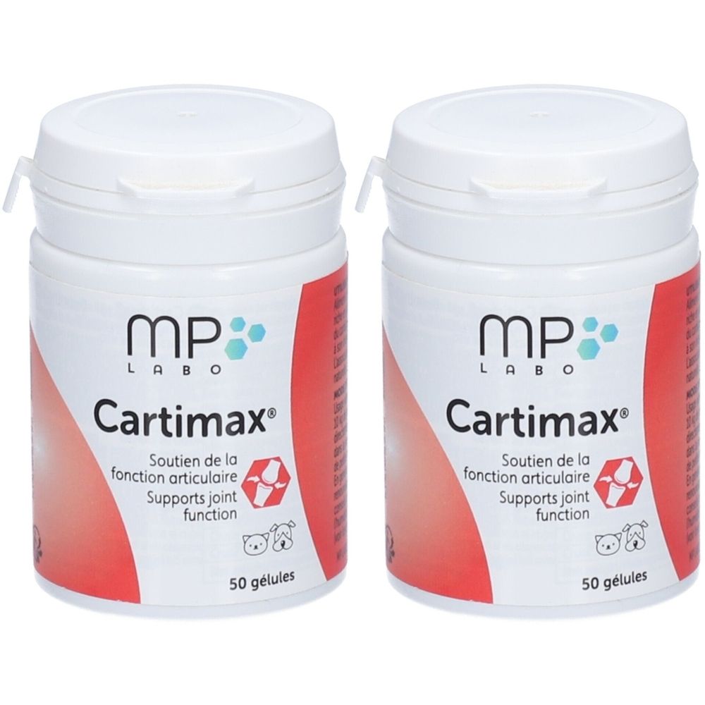 Twee witte potten met rode etiketten. Opschrift: Cartimax, MP Labo. Ondersteunt de gewrichtsfunctie. 50 capsules.