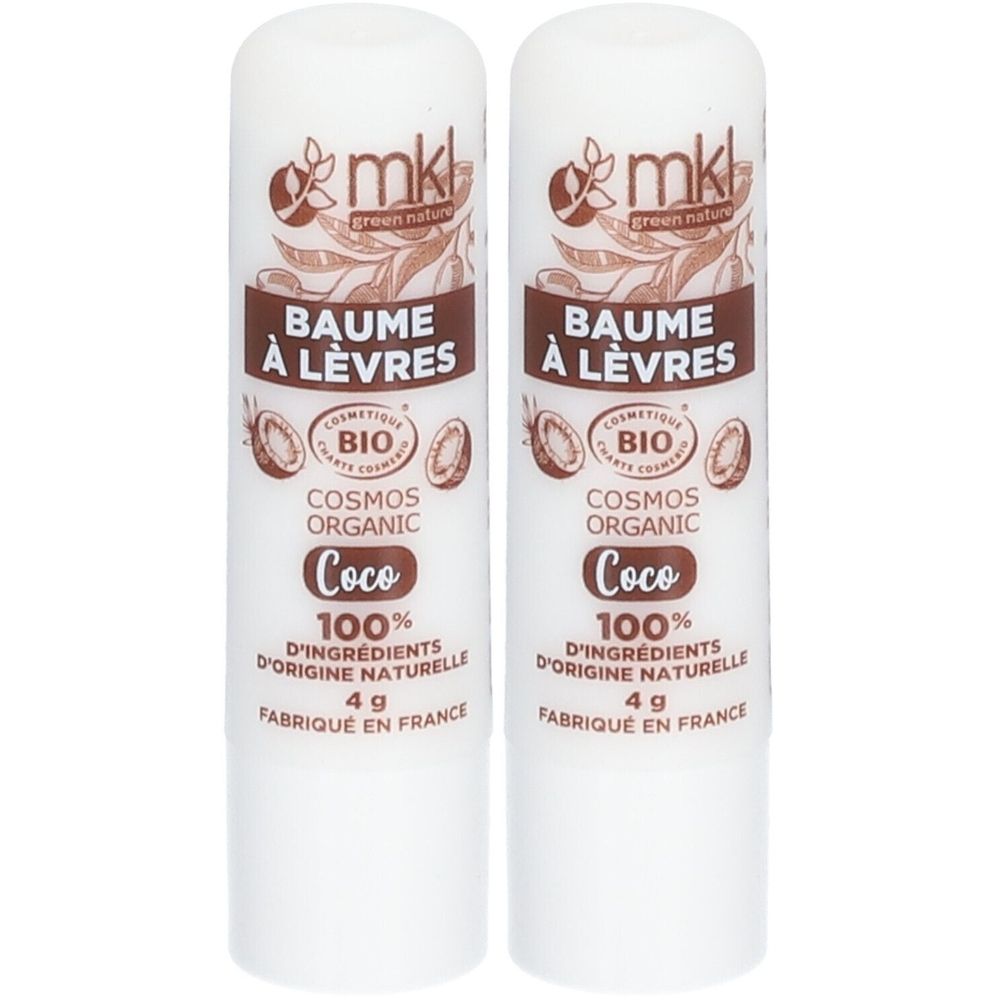 Twee lippenbalsemstiften. Opschrift: Baume à Lèvres, Coco, Bio, 100% natuurlijke ingrediënten, 4g. Merk: mkl.