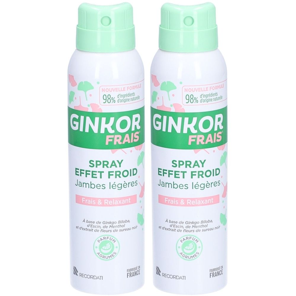 Twee sprays met groene dop. Opschrift: Ginkor Frais Spray Effet Froid. Witte fles met groene en roze elementen. Gemaakt in Frankrijk.