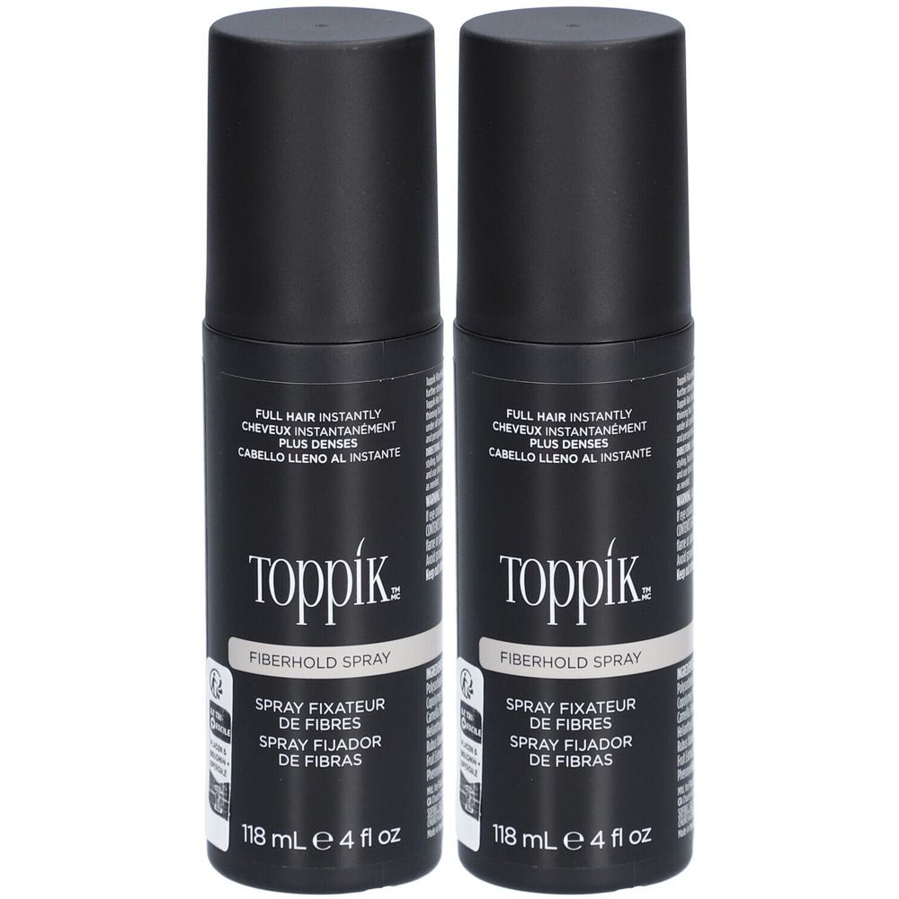 Twee zwarte spuitbussen met "Toppik Fiberhold Spray". Tekst in het Engels, Frans en Spaans. Inhoud 118 ml.