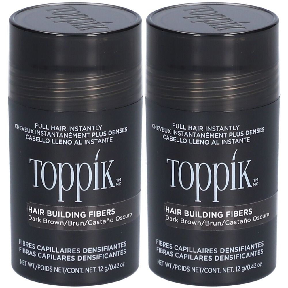 Deux flacons cylindriques de fibres capillaires brunes. Inscription : Toppik, Hair Building Fibers, Dark Brown/Brun/Castaño Oscuro.