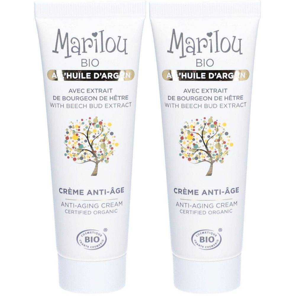 Twee tubes crème. Opschrift: Marilou Bio, Crème Anti-Âge, met arganolie en beukenknop extract. Biologisch gecertificeerd.