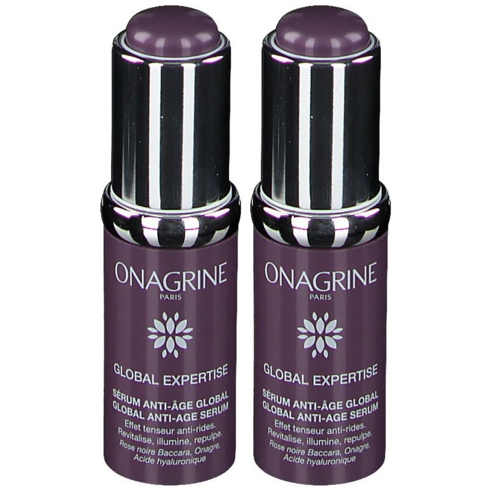 Twee cilindrische flacons met paarse doppen. Opschrift: ONAGRINE, GLOBAL EXPERTISE, Serum Anti-Âge Global.