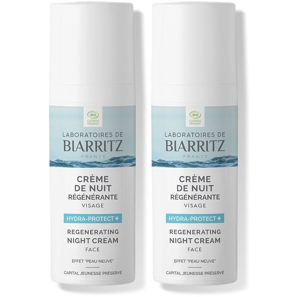 Twee witte flacons met blauw-witte etiketten. Opschrift: LABORATOIRES DE BIARRITZ, Crème de Nuit Régénérante, Hydra-Protect+.