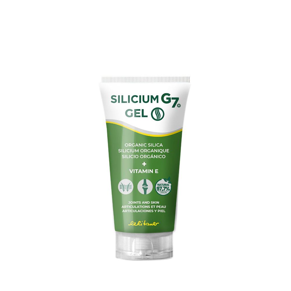 Tube Silicium G7 Gel. Groen-wit ontwerp. Bevat organisch silicium en vitamine E. Opschrift: Joints and skin.
