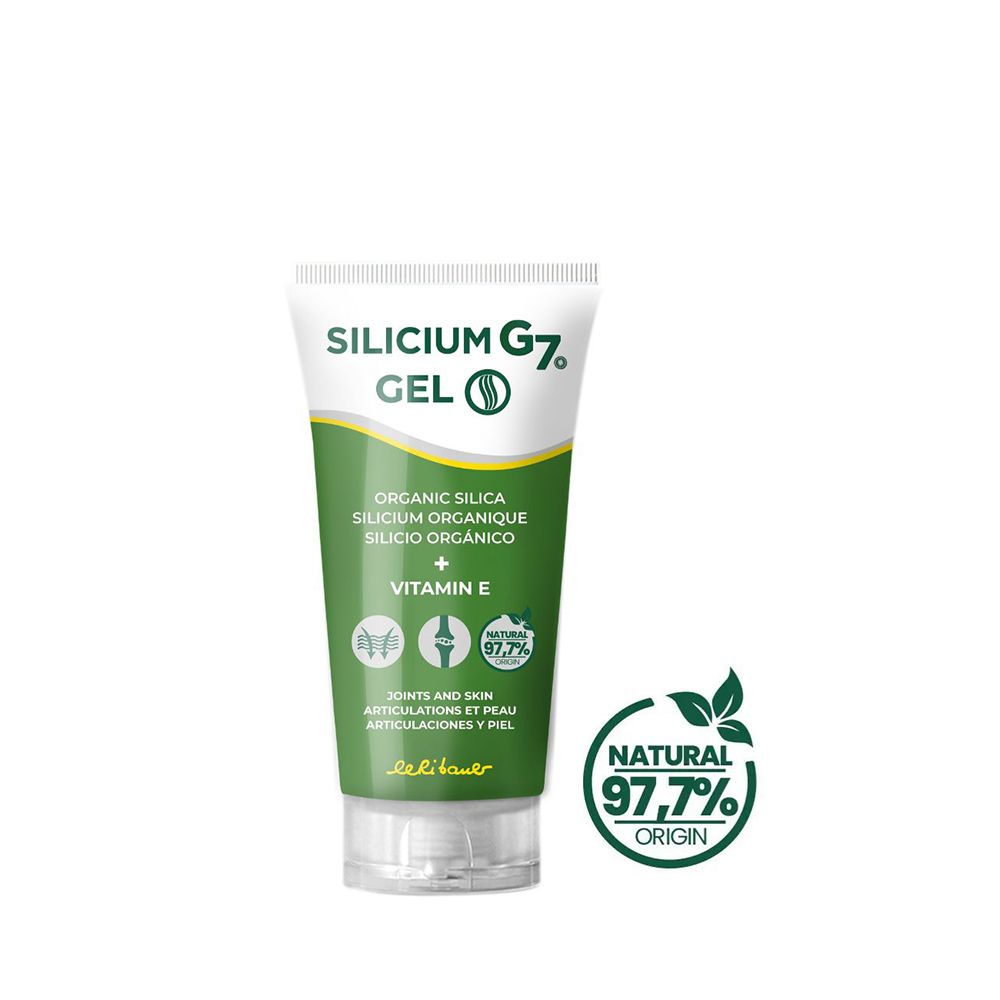 Tube Silicium G7 Gel. Groen-wit ontwerp. Bevat organisch silicium en vitamine E. Logo 'Natural 97,7% Origin'.