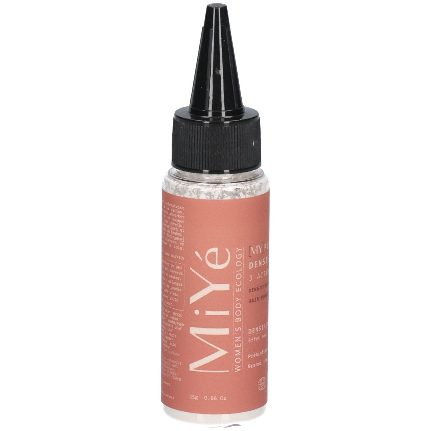 Sérum Miyé : flacon avec applicateur noir. Étiquette rose avec texte et logo.