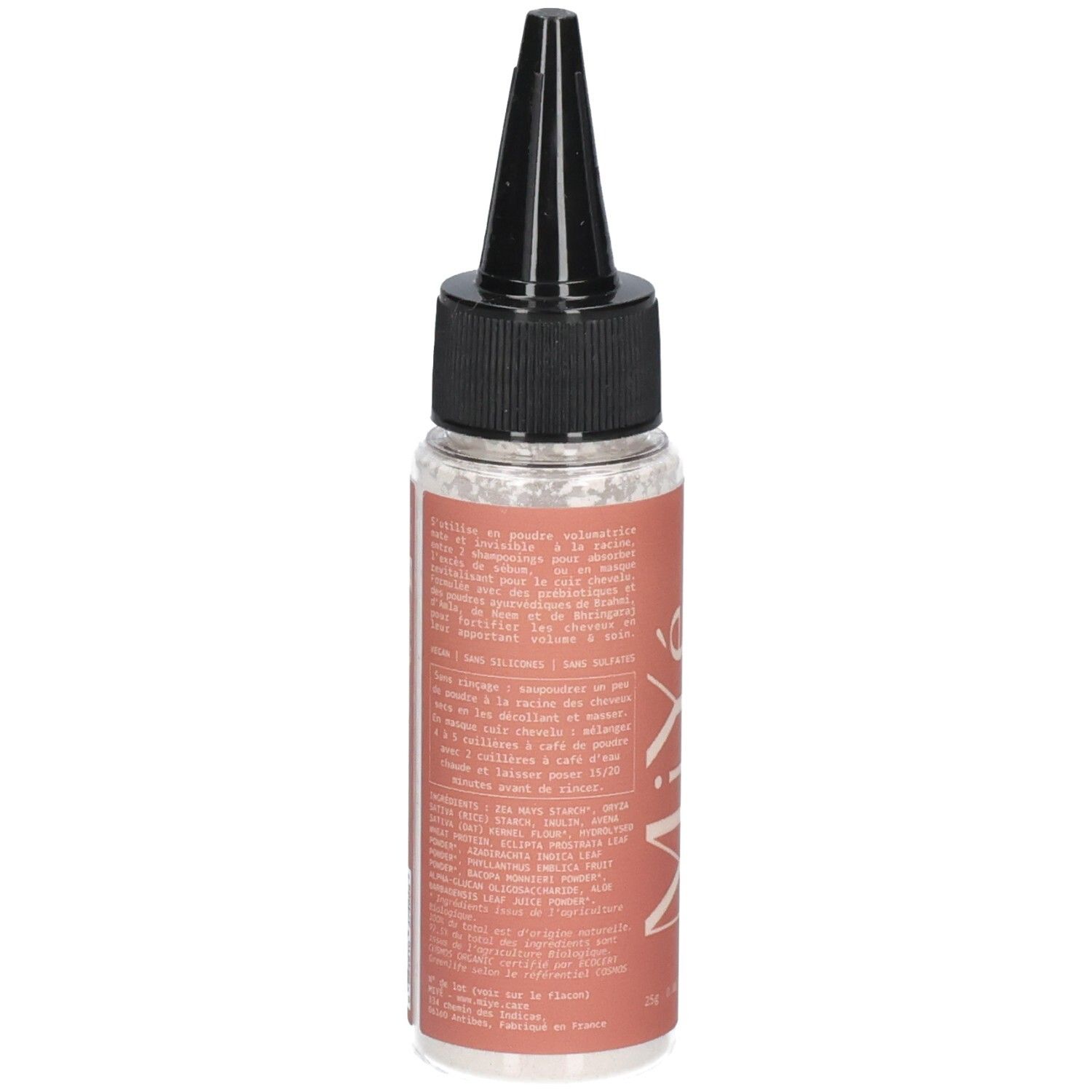 Flacon avec embout applicateur noir et étiquette textuelle.