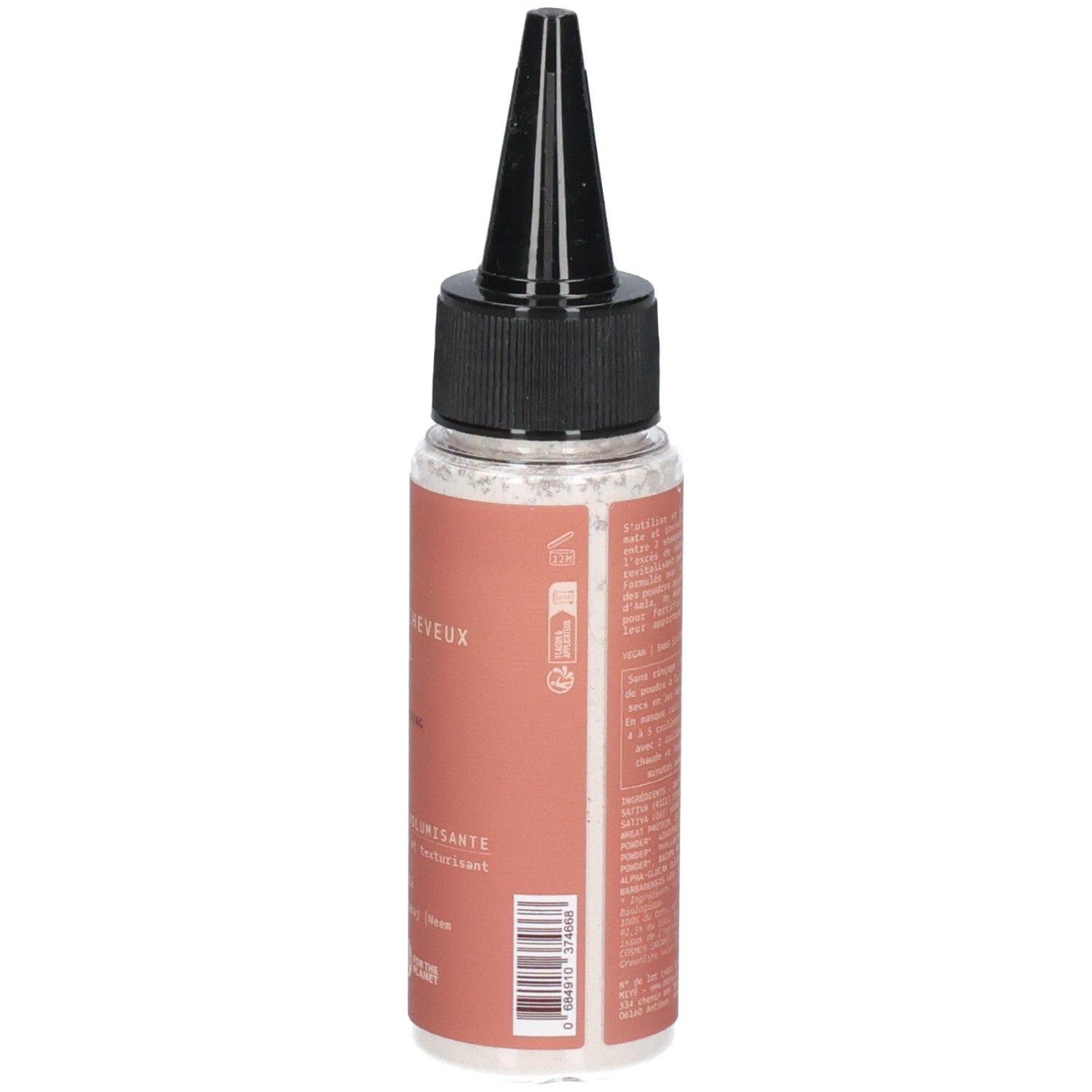 Flacon avec bouchon noir à embout applicateur et étiquette textuelle.