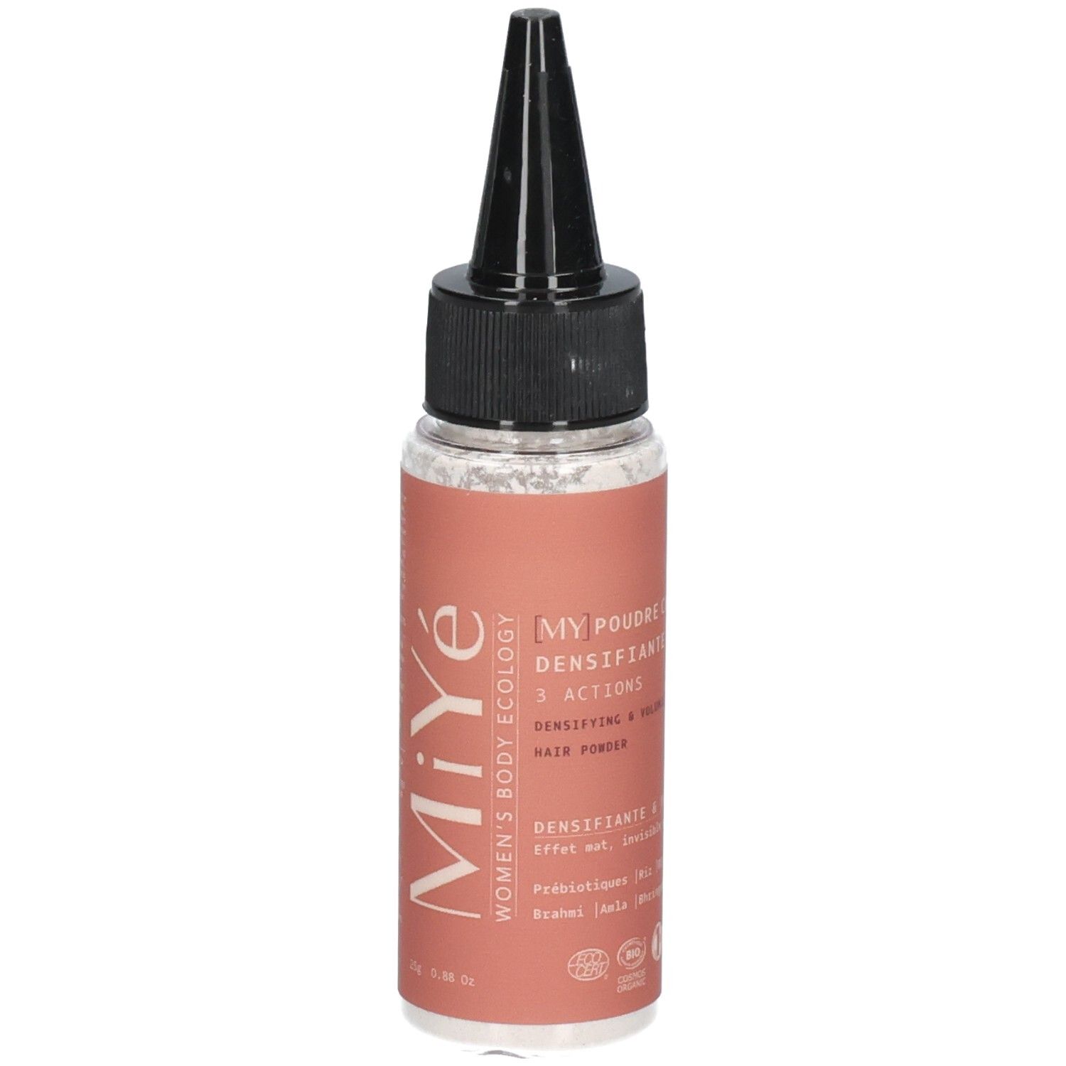 Flacon avec étiquette rose et applicateur noir, contenant de la poudre densifiante pour cheveux.